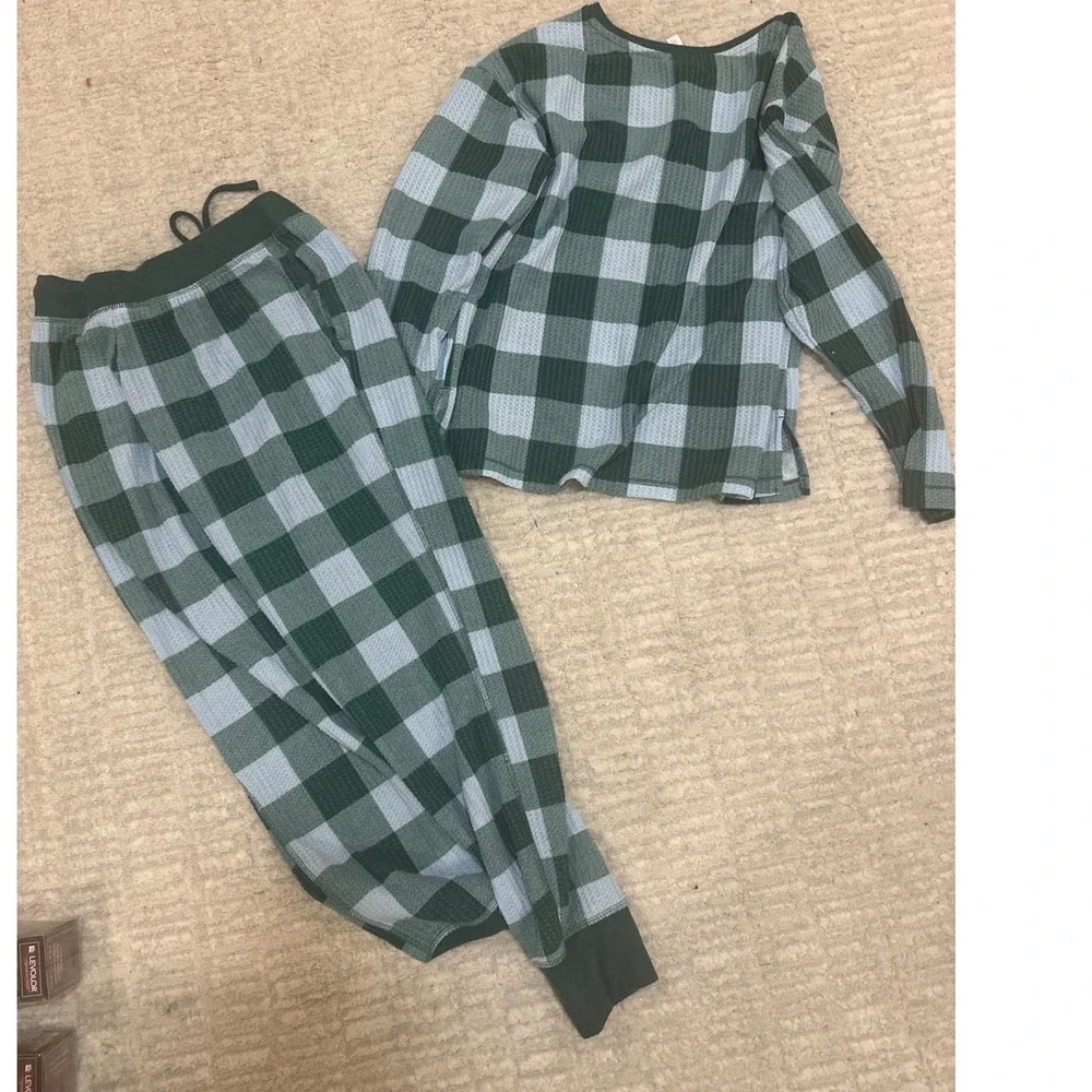 Joyspun Womens Green‎ Buffalo Plaid Waffle Knit Henley Pajama Set Joggers sz M